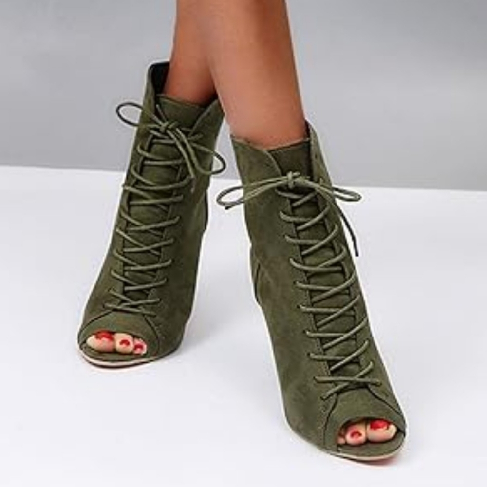 Shoe Republic LA Green Peeptoe Chunky Heels Lace-up Booties Size 7.5M